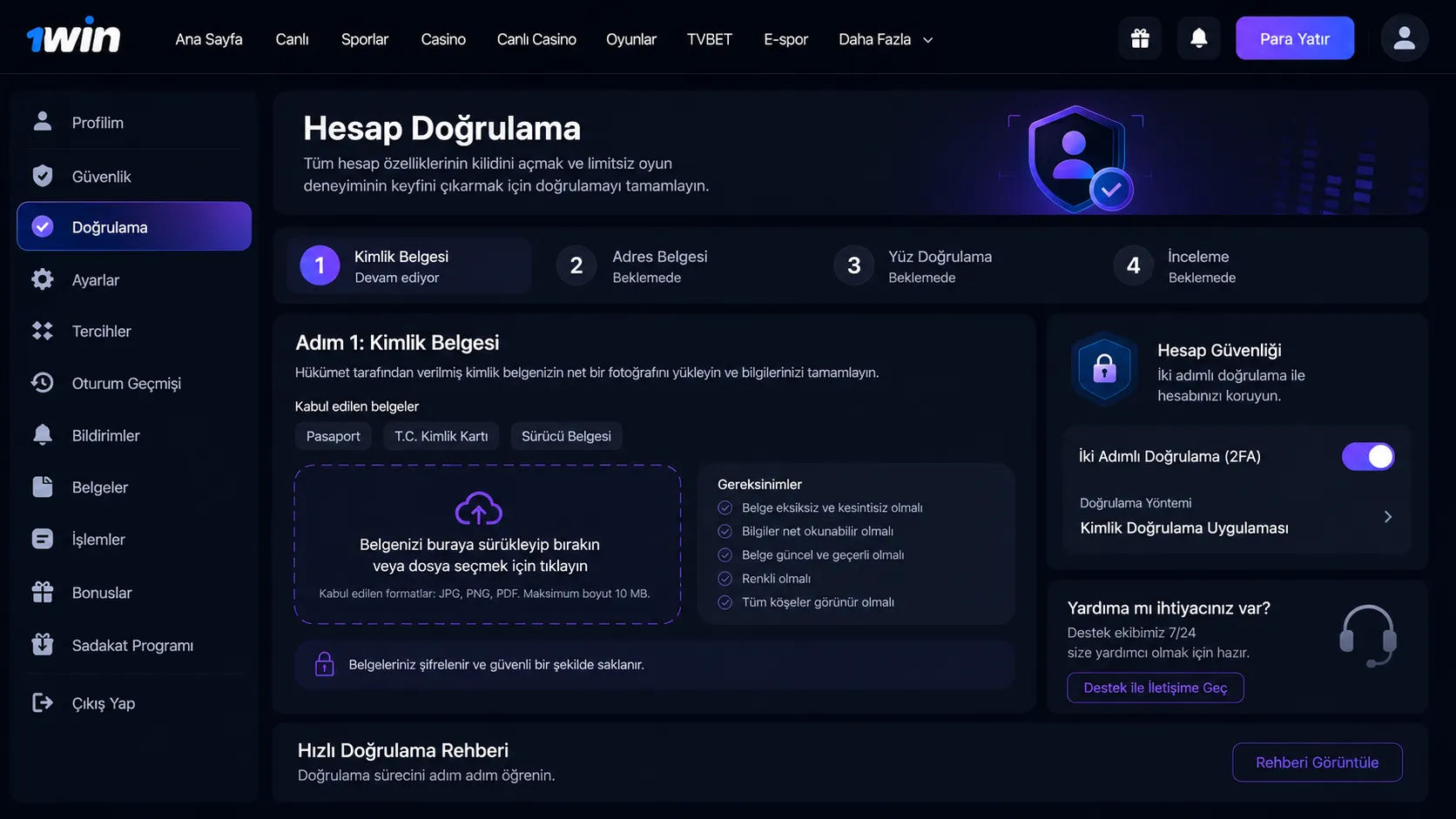 1Win giriş sonrası kimlik doğrulama