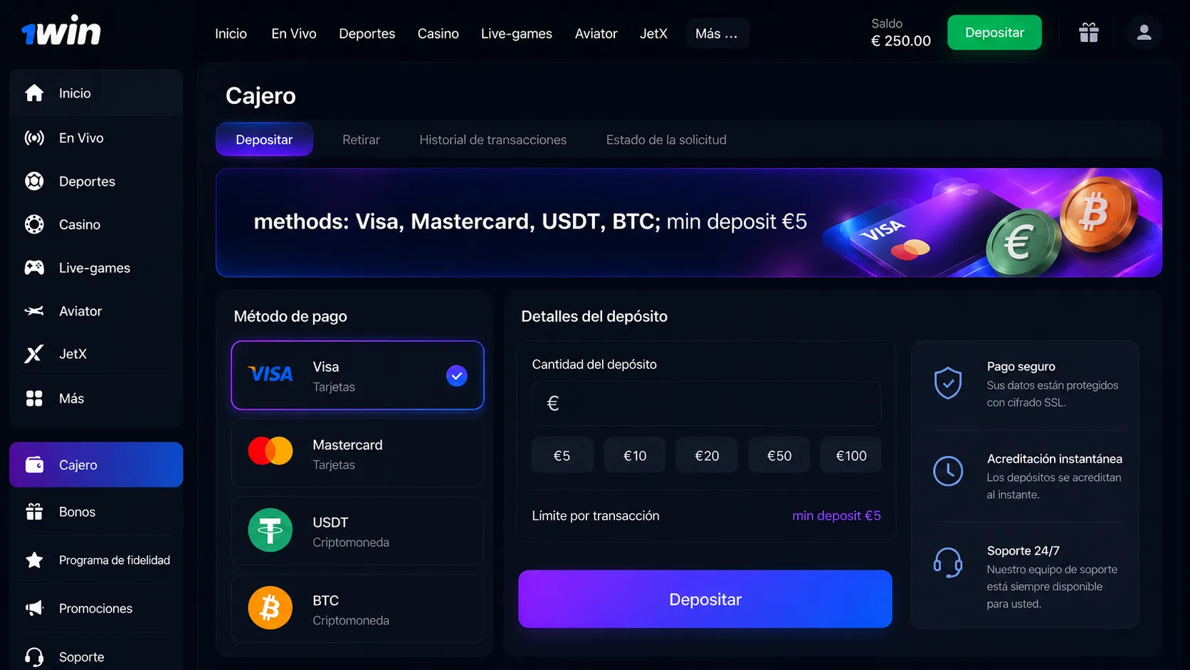 Caja de 1Win: depósitos y retiros en euros