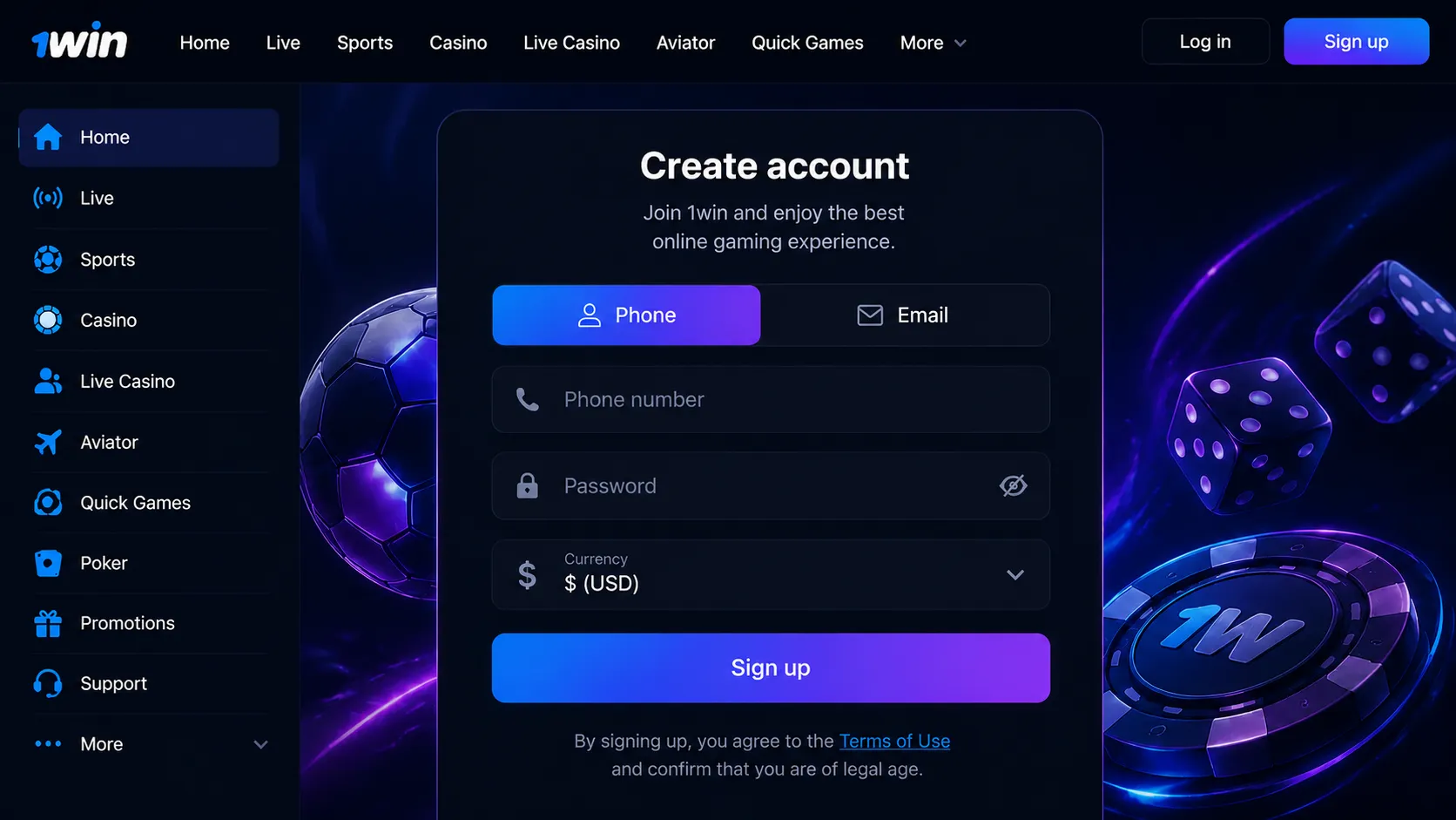 Registering step by step 1Win login