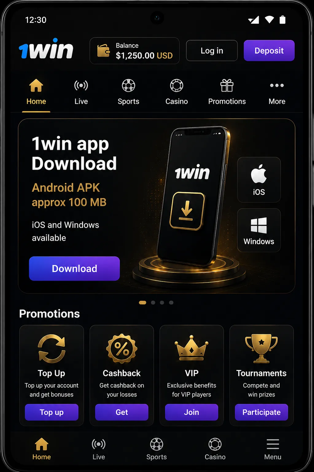The 1Win app puts a full casino and sportsbook on your phone