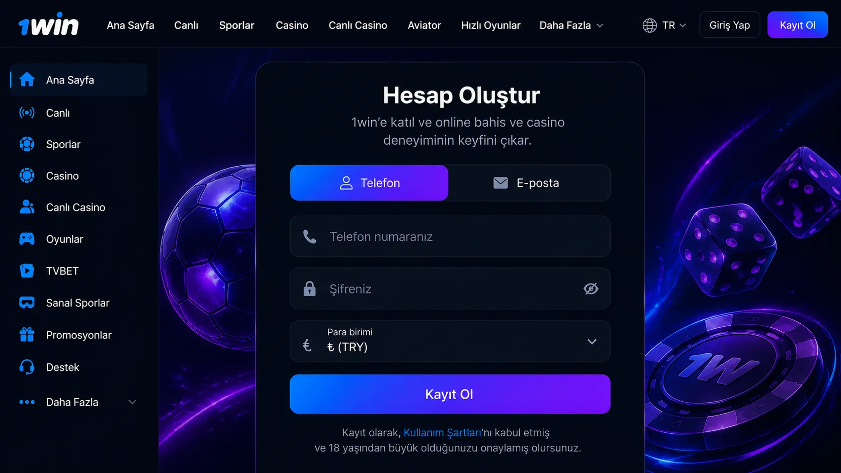 Yeni hesap açmak için 1Win giriş gereksinimleri